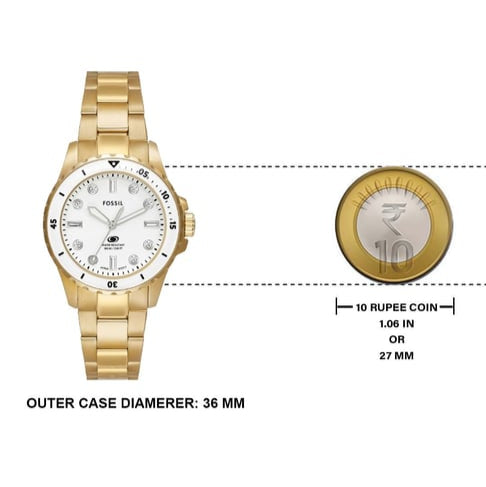 Fossil Blue Dive Three Hand White Dial Gold Steel Strap Watch For Women - ES5350