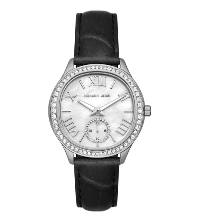 Michael Kors Sage Three-Hand Mother of Pearl White Dial Black Leather Strap Watch for Women - MK4821 Buy Now By Michael Kors