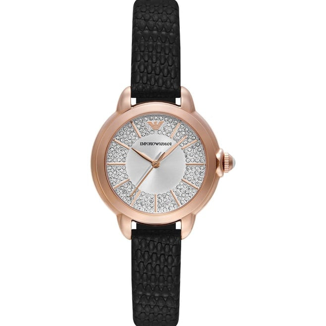 Emporio Armani Mia Three Hand Crystals Silver Dial Black Leather Strap Watch For Women - AR11631 Buy Now By Emporio Armani