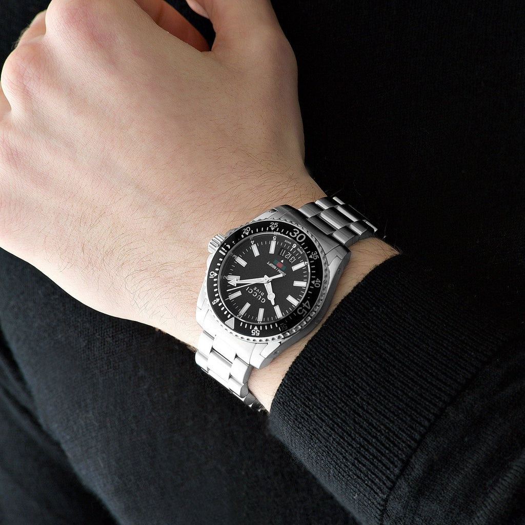 Gucci Dive Quartz Black Dial Silver Steel Strap Watch For Men - YA136301 Buy Now By Gucci