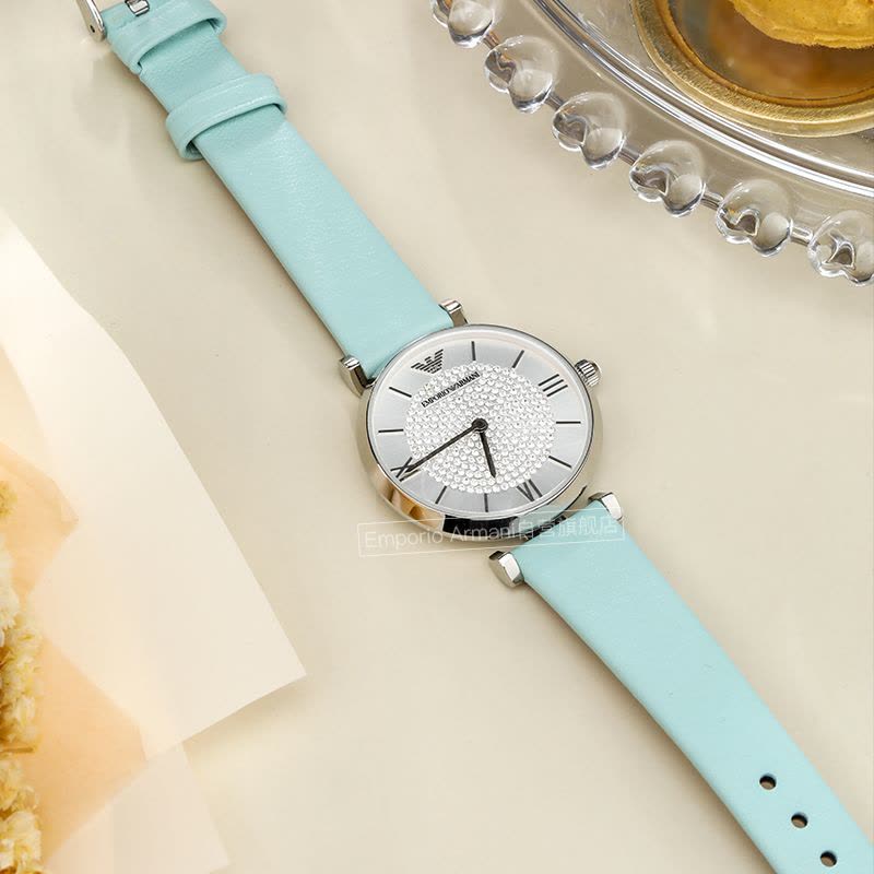 Emporio Armani Gianni T Bar Analog Crystals Silver Dial Blue Leather Strap Watch For Women - AR11443 Buy Now By Emporio Armani
