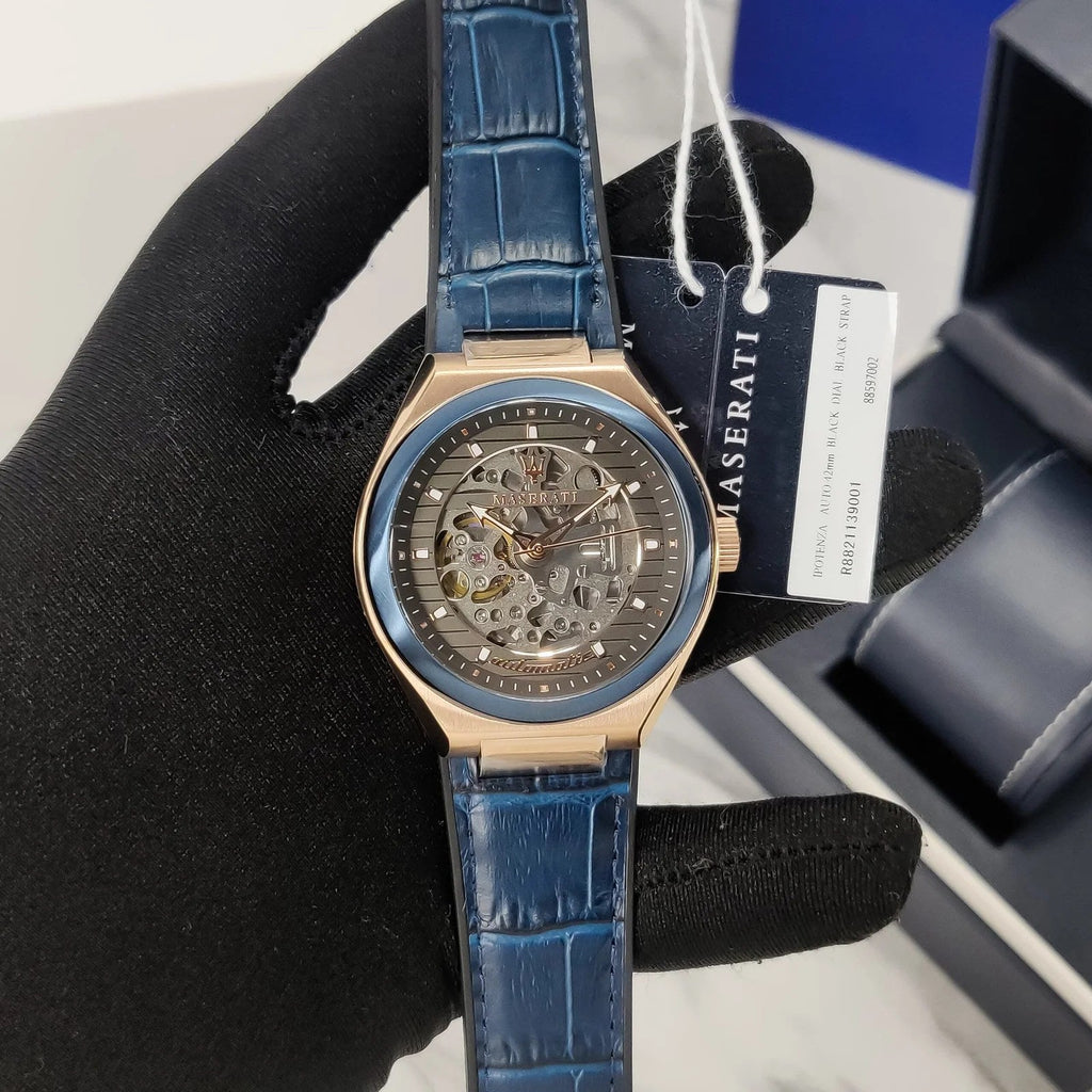 Maserati Triconic Skeleton Black Dial Blue Leather Strap Watch For Men - R8821139001 Buy Now By Maserati