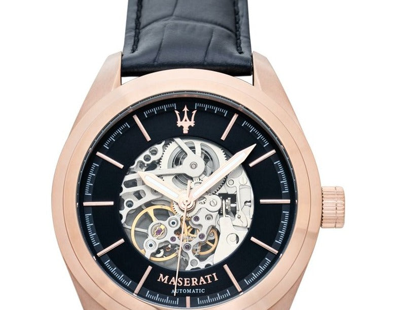 Maserati Traguardo Automatic Black Skeleton Dial Black Leather Strap Watch For Men - R8821112001 Buy Now By Maserati