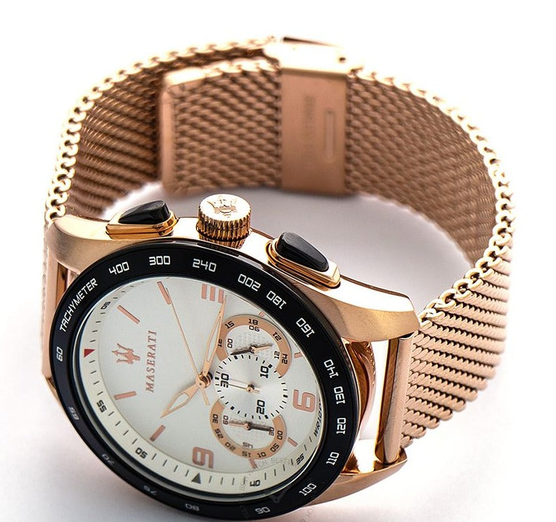 Maserati Traguardo 45mm Chronograph Rose Gold Mesh Strap White Dial Watch For Men - R8873612011 Buy Now By Maserati