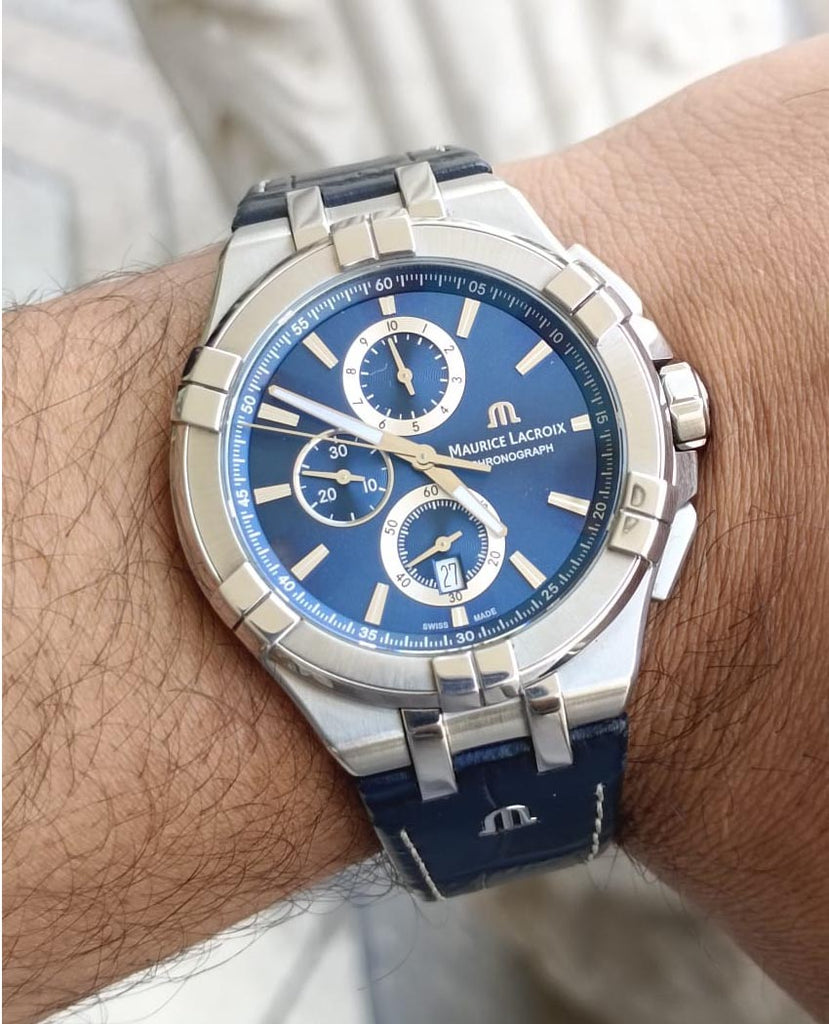 Maurice Lacroix Aikon Chronograph Blue Dial Blue Leather Strap Watch for Men - AI1018-SS001-430-1 Buy Now By Maurice Lacroix