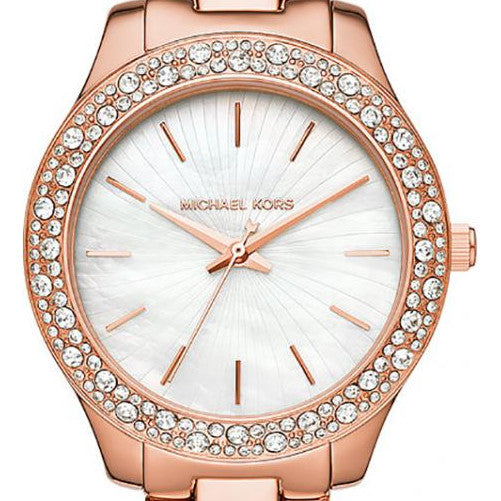 Michael Kors Lilane Three Hand Mother of Pearl White Dial Rose Gold Steel Strap Watch For Women - MK4557 Buy Now By Michael Kors