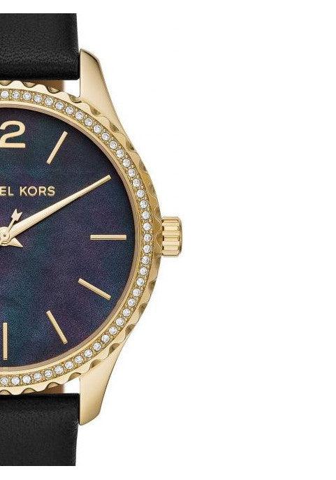 Michael Kors Layton Three Hand Mother of Pearl Black Dial Black Leather Strap Watch For Women - MK2911 Buy Now By Michael Kors