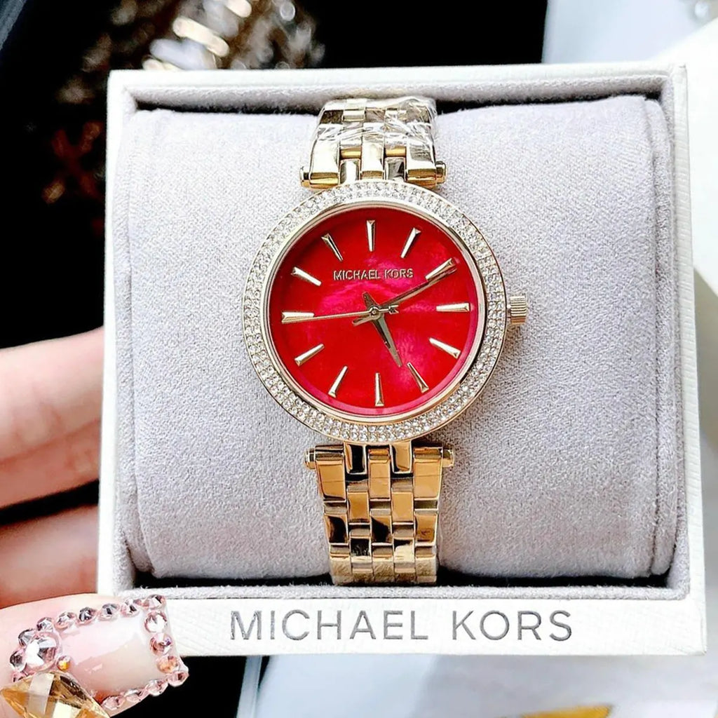 Michael Kors Darci Quartz Mother of Pearl Red Dial Gold Steel Strap Watch For Women - MK3583 Buy Now By Michael Kors
