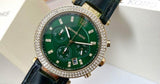 Michael Kors Parker Chronograph Green Dial Green Leather Strap Watch For Women - MK6985