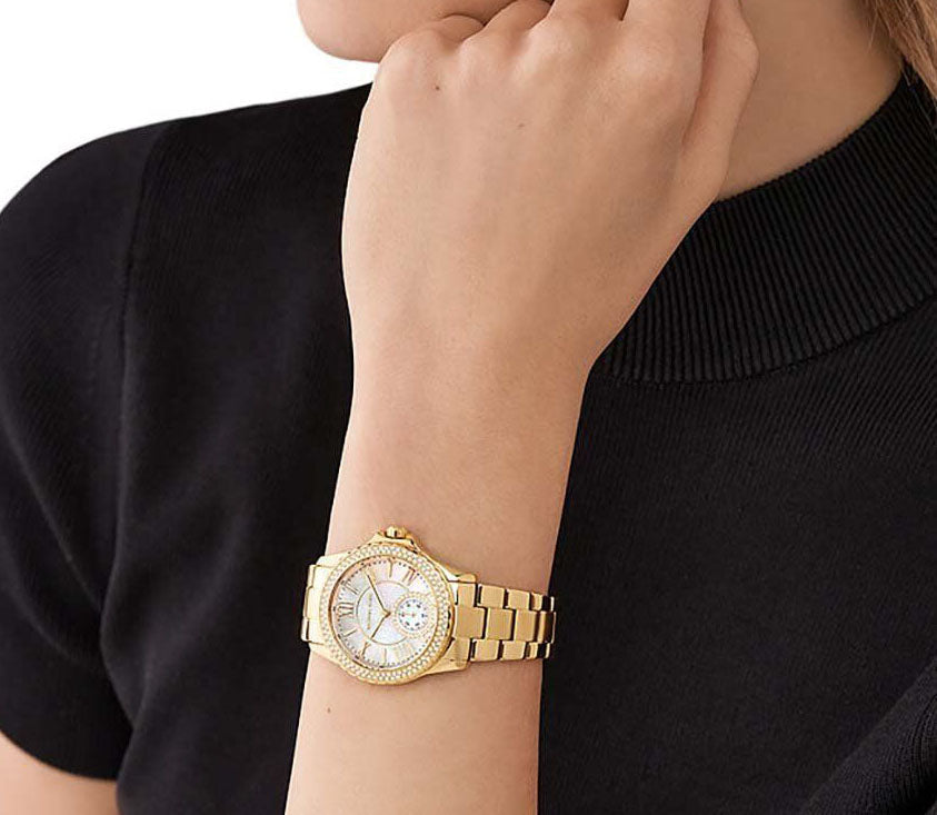 Michael Kors Everest Three Hand Mother of Pearl White Dial Gold Steel Strap Watch For Women - MK7401 Buy Now By Michael Kors