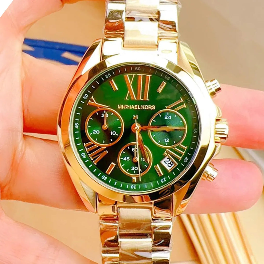 Michael Kors Bradshaw Chronograph Green Dial Gold Steel Strap Watch For Women - MK7257 Buy Now By Michael Kors