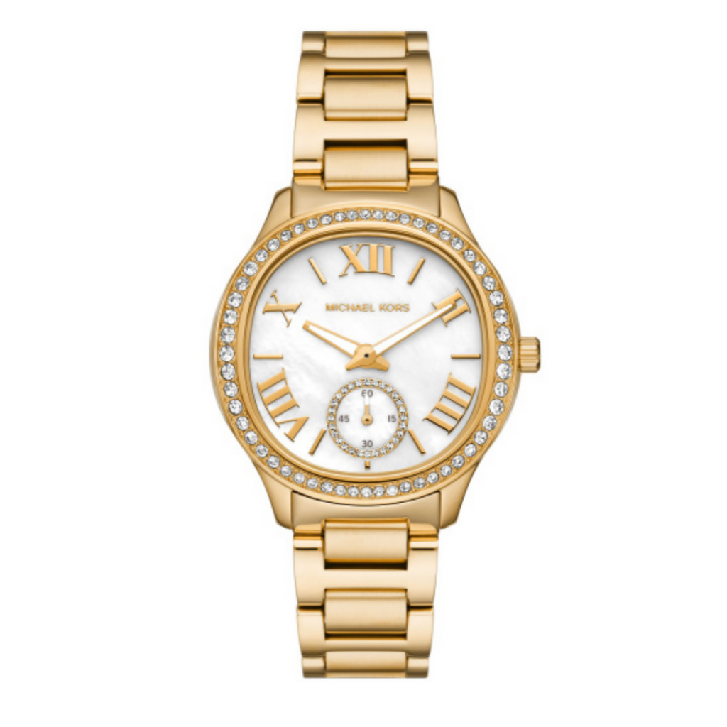 Michael Kors Sage Three-Hand Mother of Pearl White Dial Gold Steel Strap Watch for Women - MK4805 Buy Now By Michael Kors