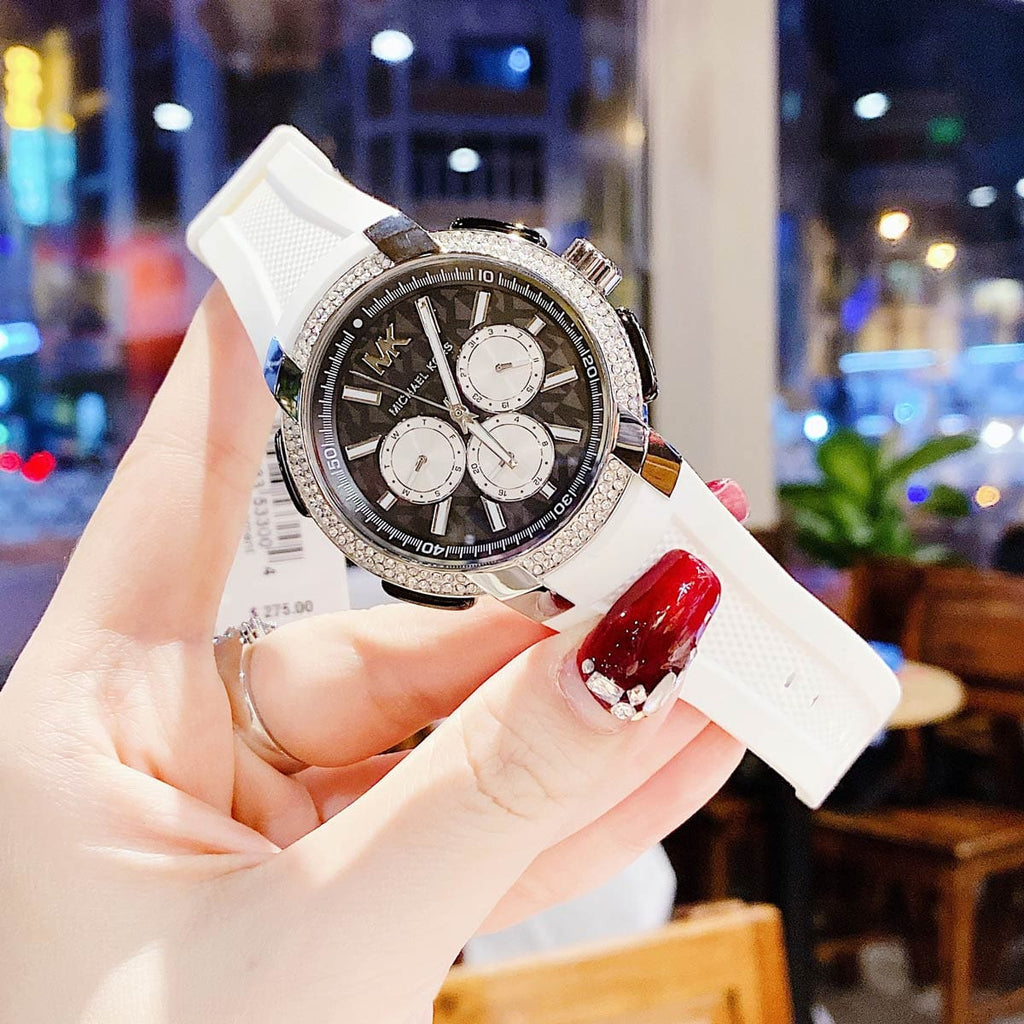 Michael Kors Sidney Multifunction Black Dial White Silicone Strap Watch For Women - MK6947 Buy Now By Michael Kors