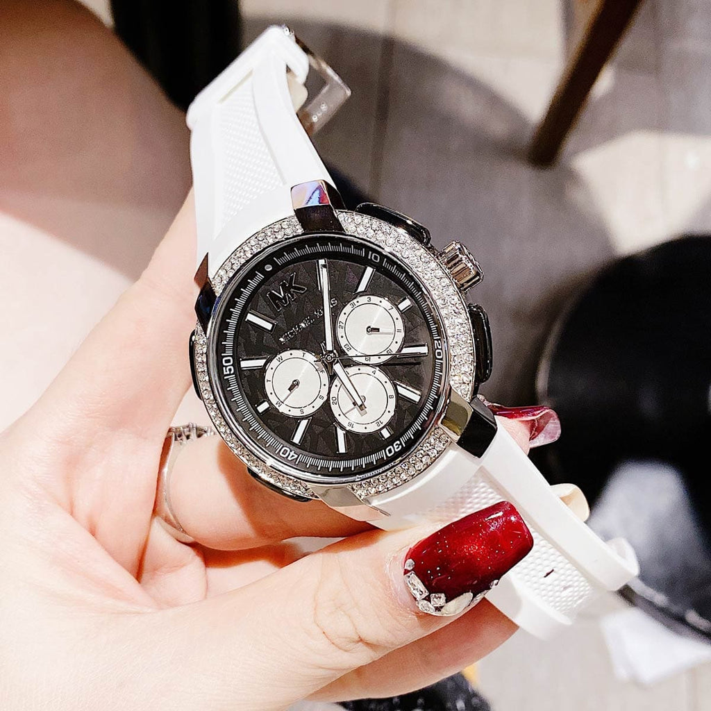 Michael Kors Sidney Multifunction Black Dial White Silicone Strap Watch For Women - MK6947 Buy Now By Michael Kors