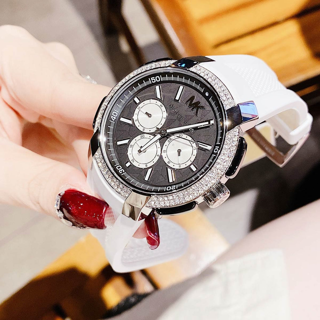 Michael Kors Sidney Multifunction Black Dial White Silicone Strap Watch For Women - MK6947 Buy Now By Michael Kors