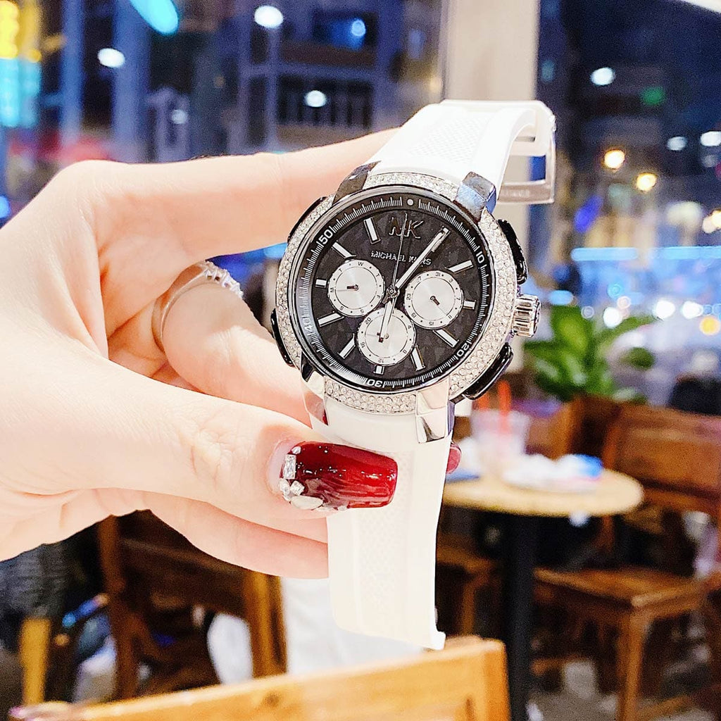 Michael Kors Sidney Multifunction Black Dial White Silicone Strap Watch For Women - MK6947 Buy Now By Michael Kors