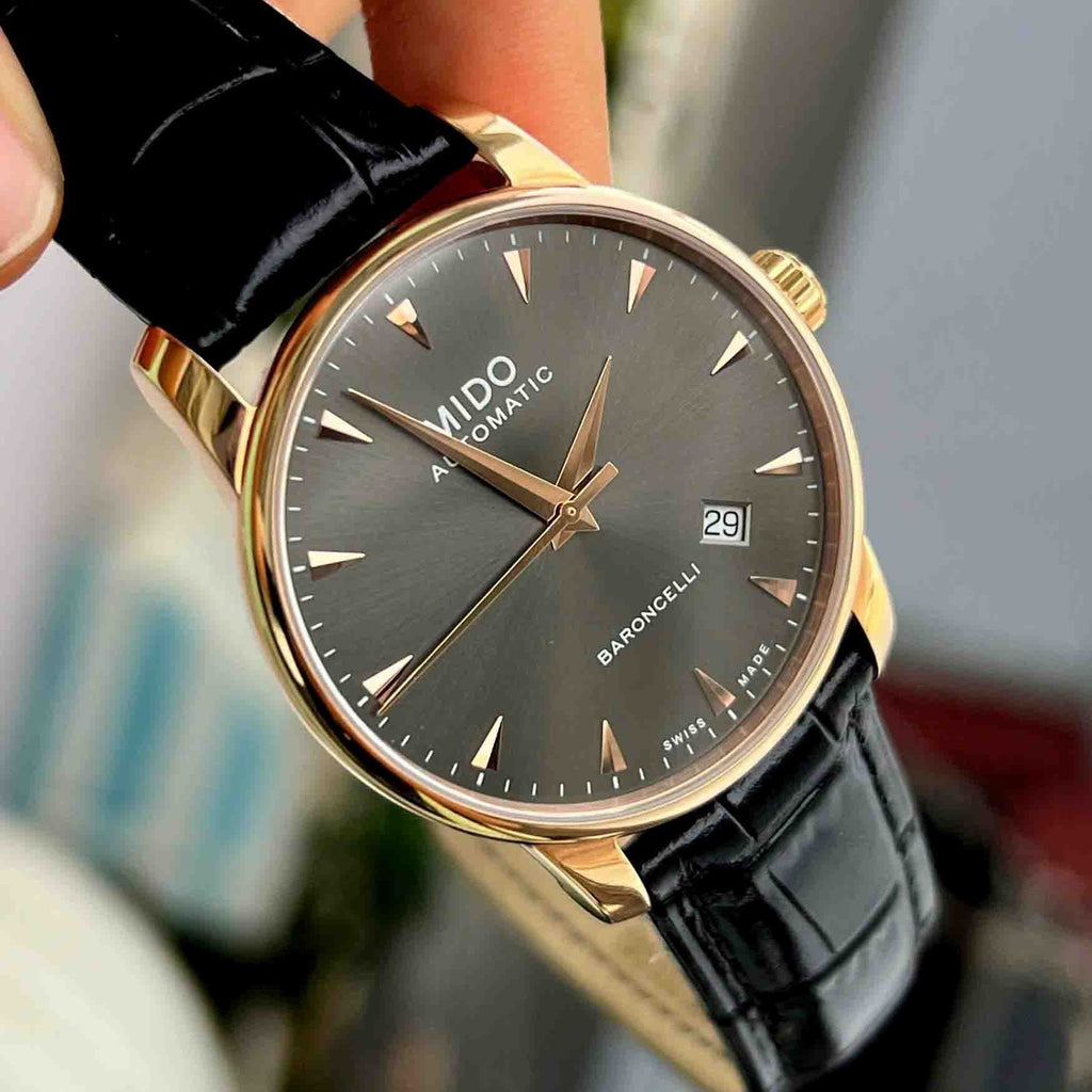 Mido Baroncelli III Automatic Grey Dial Black Leather Strap Watch For Men - M8600.3.13.4 Buy Now By Mido