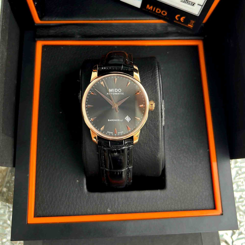 Mido Baroncelli III Automatic Grey Dial Black Leather Strap Watch For Men - M8600.3.13.4 Buy Now By Mido