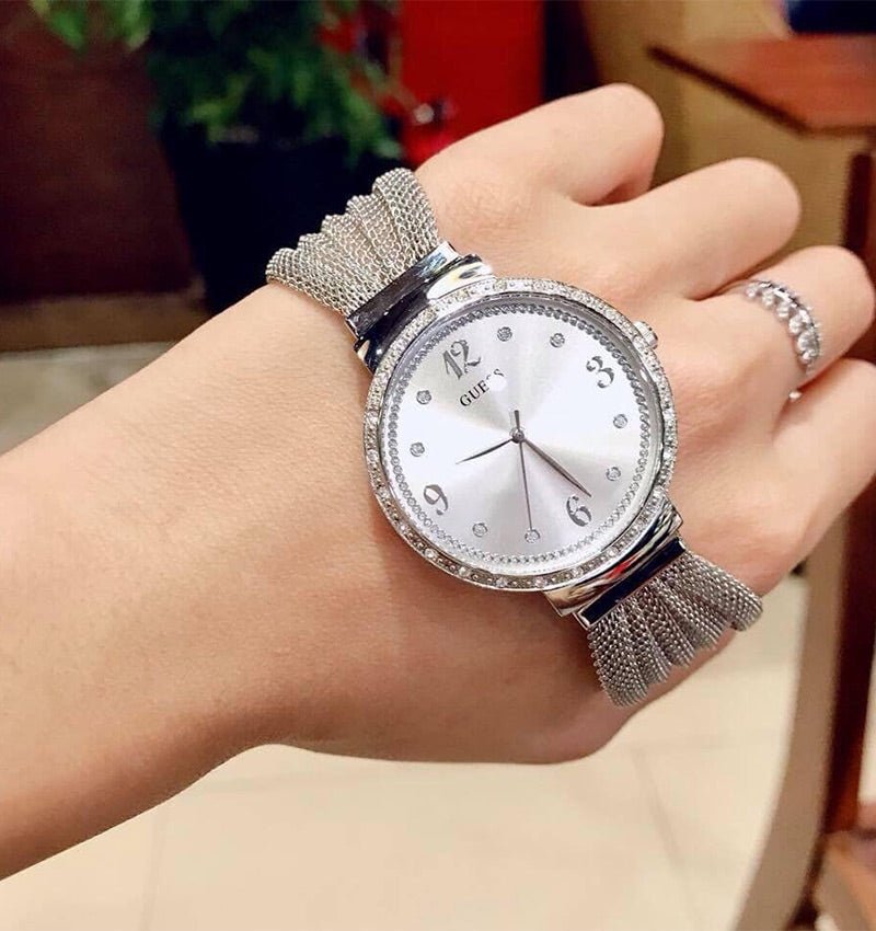 Guess Chiffon Silver Dial Silver Mesh Bracelet Watch For Women - W1083L1 Buy Now By Guess