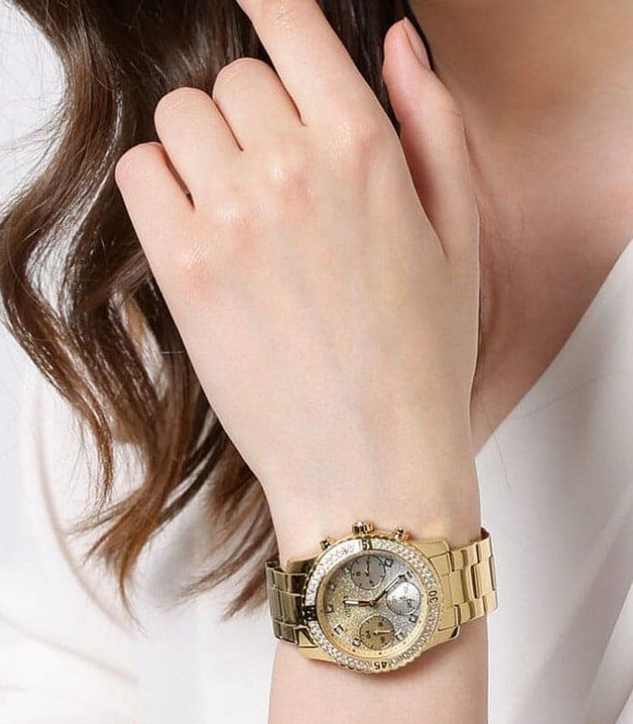 Guess Confetti Diamonds Silver Dial Gold Steel Strap Watch for Women - W0774L5 Buy Now By Guess