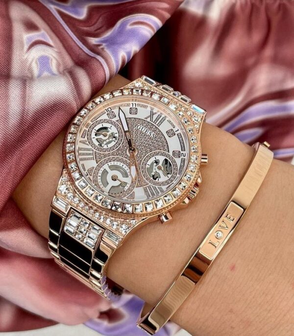 Guess Moonlight Multi Function Diamonds White Dial Rose Gold Steel Strap Watch for Women - GW0320L3 Buy Now By Guess
