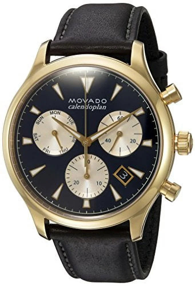 Movado Heritage Chronograph Calendoplan Blue Dial Black Leather Strap Watch for Men - 3650006 Buy Now By Movado