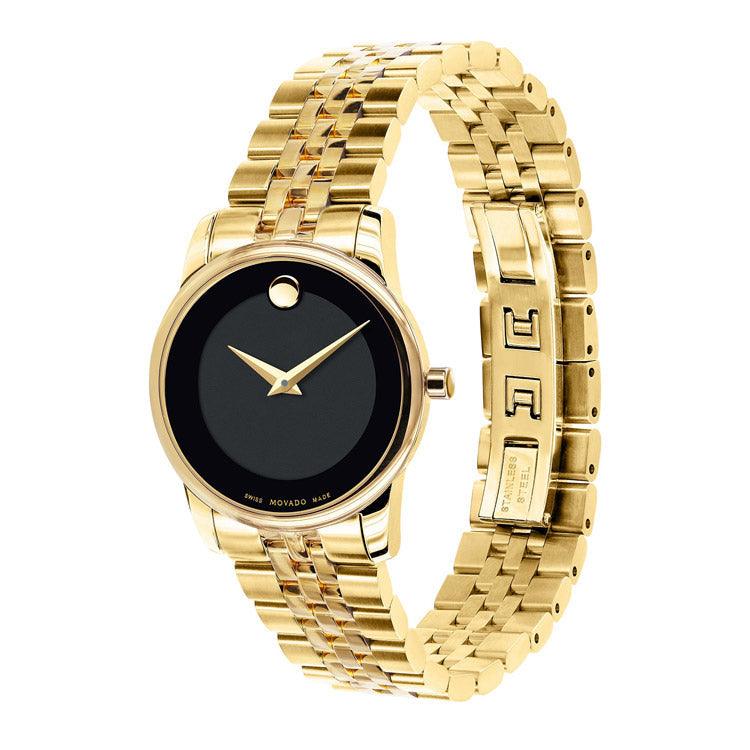 Movado Museum Classic Quartz Black Dial Gold Steel Strap Watch For Women - 0607005 Buy Now By Movado