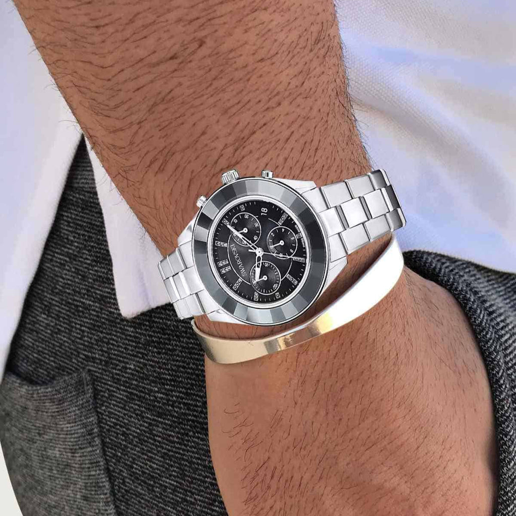 Swarovski Octea Lux Sport Chronograph Black Dial Silver Steel Strap Watch for Women - 5610520 Buy Now By Swarovski