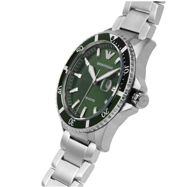 Emporio Armani Three Hand Green Dial Silver Steel Strap Watch For Men - AR11338 Buy Now By Emporio Armani