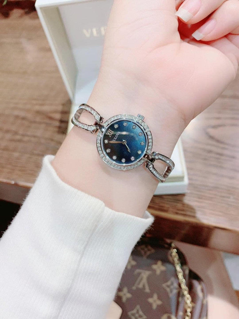 Bulova Crystal Black Mother of Pearl Dial Silver Steel Strap Watch for Women - 96L224 Buy Now By Bulova