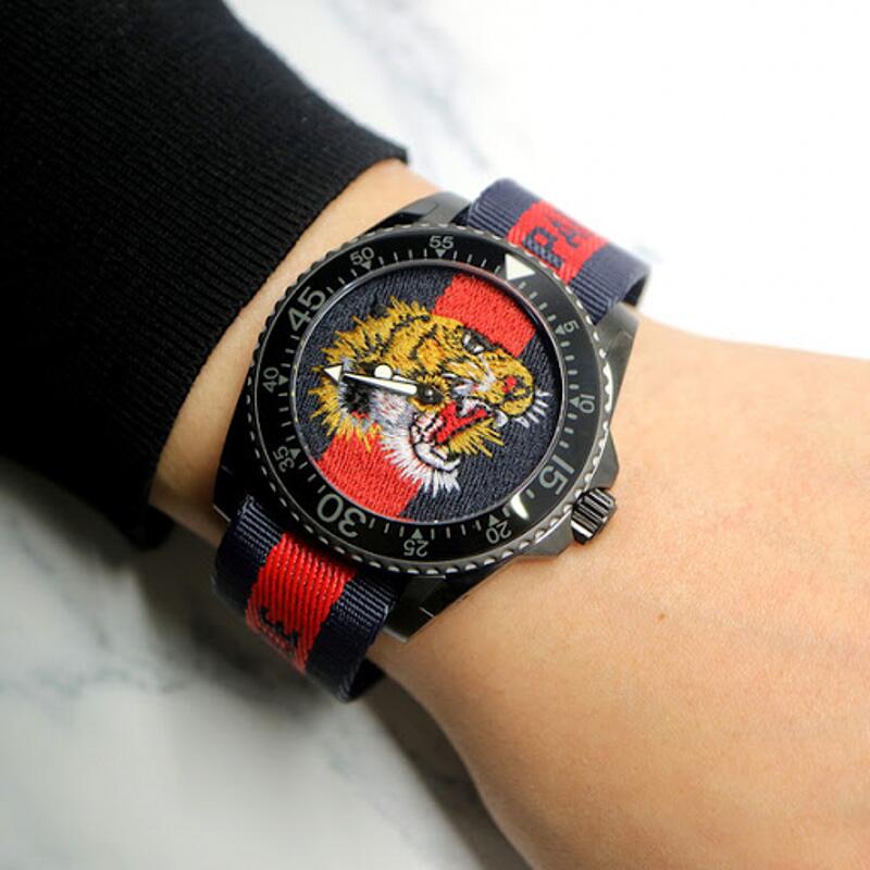 Gucci Dive Tiger Blue and Red Dial Blue Red Blue Nylon Strap Watch For Men - YA136215 Buy Now By Gucci