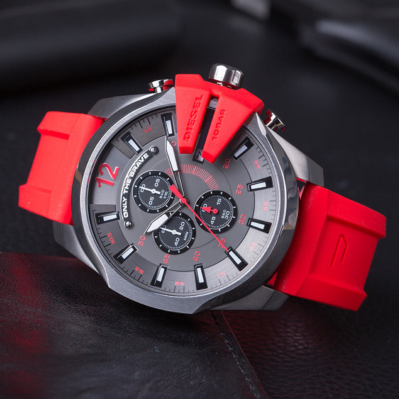 Diesel Mega Chief Chronograph Black Dial Red Silicone Strap Watch For Men - DZ4427 Buy Now By Diesel