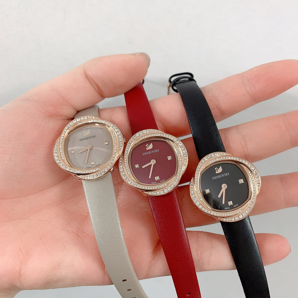 Swarovski Crystal Flower Black Dial Black Leather Strap Watch for Women - 5552421