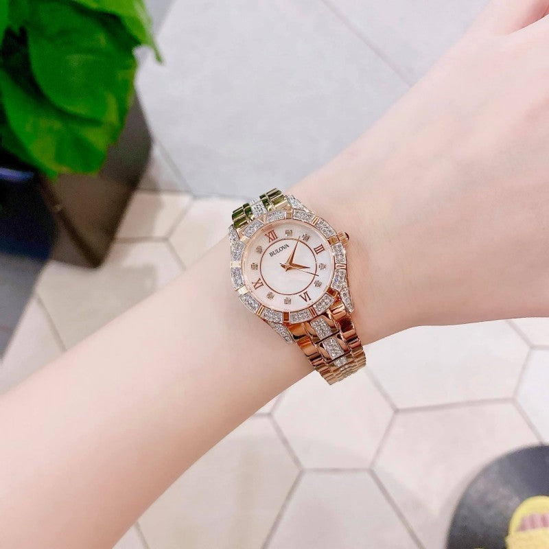 Bulova Crystal Mother of Pearl Dial Rose Gold Steel Strap Watch for Women - 98L197 Buy Now By Bulova