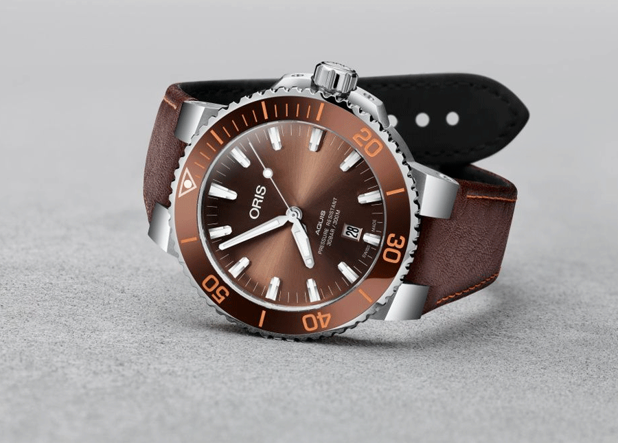 Oris Aquis Date Brown Dial Brown Leather Strap Watch for Men - 0173377304152-0752412EB Buy Now By Oris