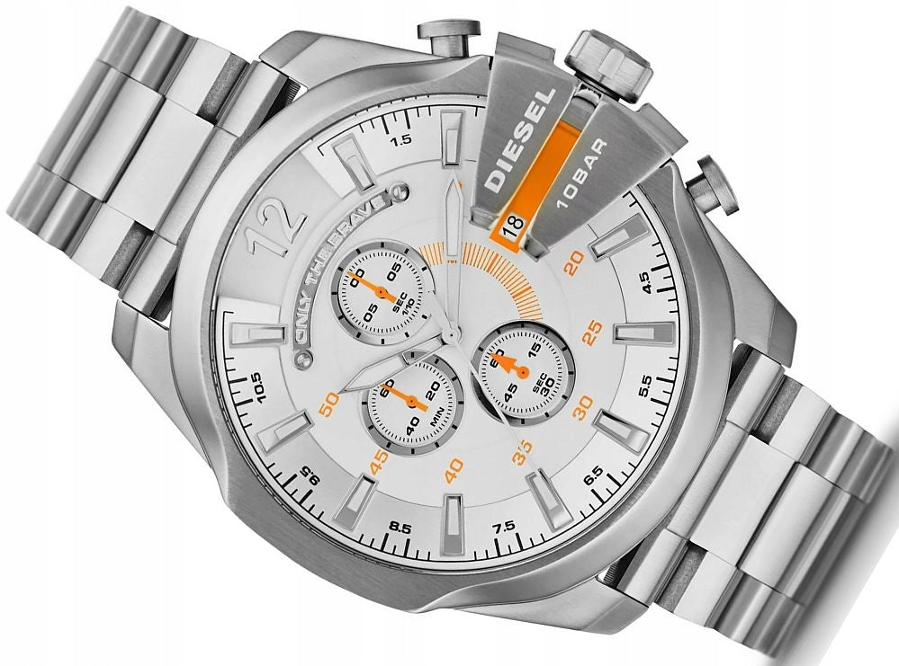 Diesel Mega Chief Chronograph White Dial Silver Steel Strap Watch For Men - DZ4328 Buy Now By Diesel