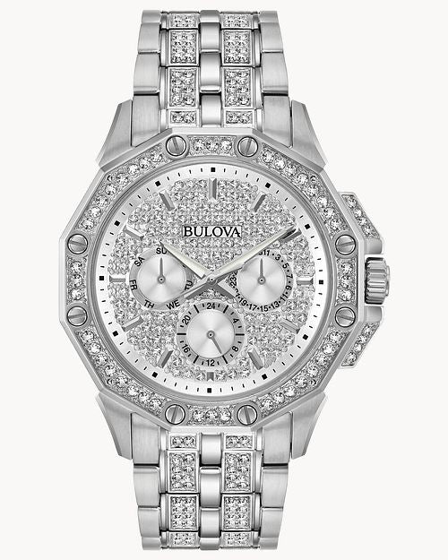 Bulova Crystal Collection Pave Silver Dial with Crystals Silver Steel Strap Watch for Men - 96C134 Buy Now By Bulova