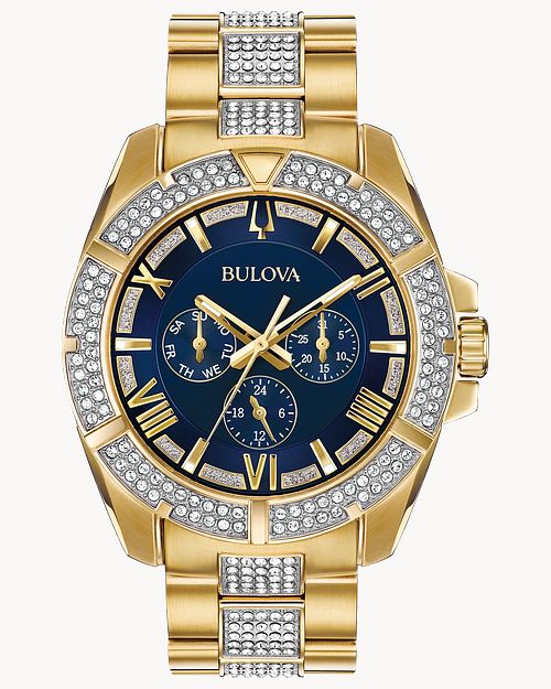 Bulova Crystal Collection Blue Dial Gold Steel Strap Watch for Men - 98C128 Buy Now By Bulova