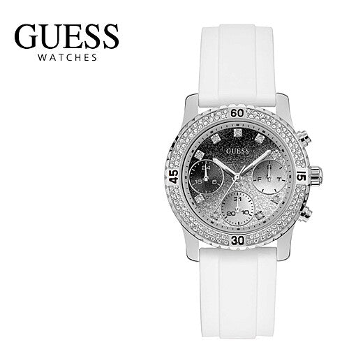 Guess Confetti Crystal Black Dial White Silicone Strap Watch For Women - W1098L1 Buy Now By Guess