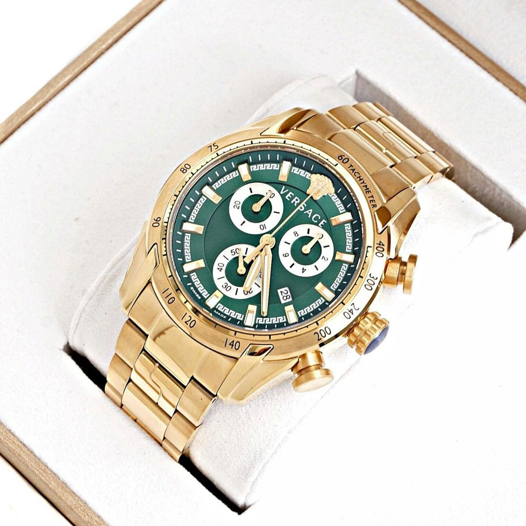 Versace V-Ray Chronograph Quartz Green Dial Gold Steel Strap Watch For Men - VE2I00621 Buy Now By Versace
