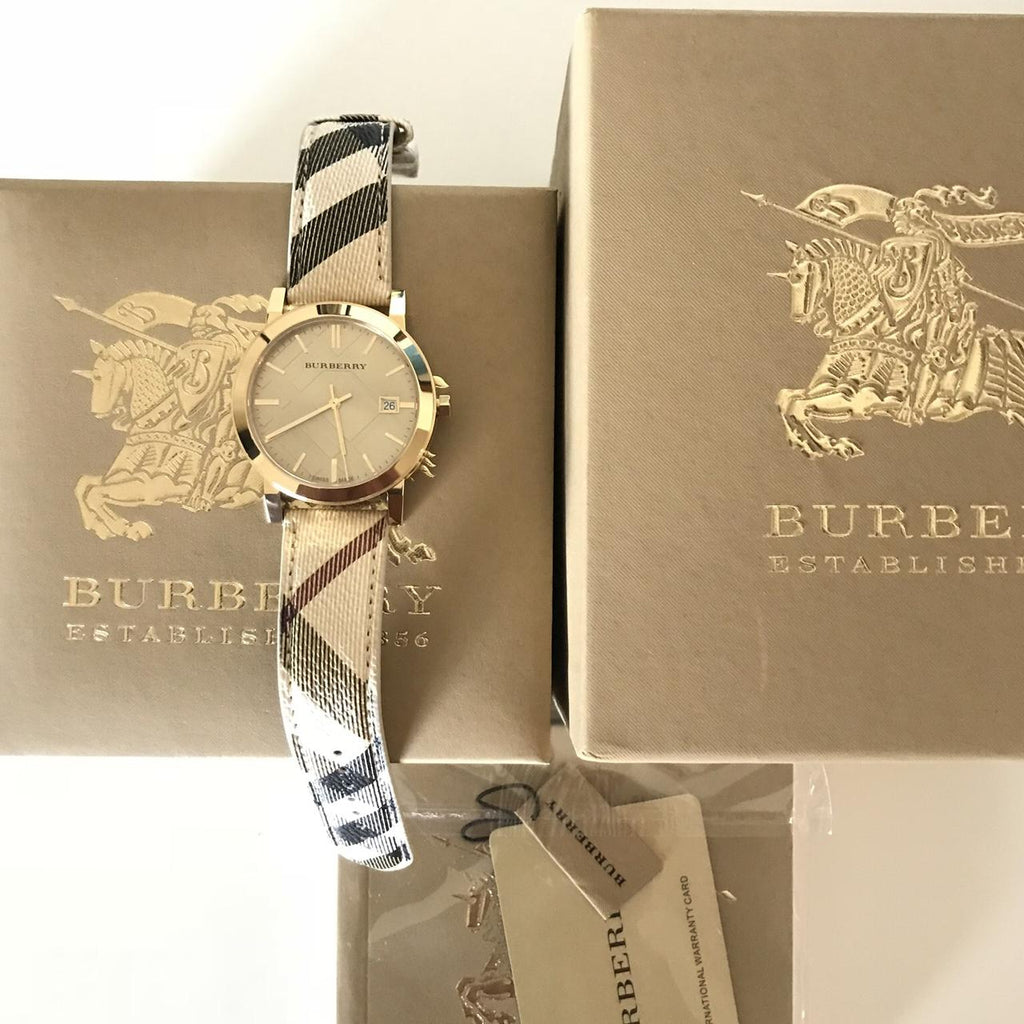 Burberry The City Gold Dial Haymarket Brown Leather Strap Watch for Women - BU9026 Buy Now By Burberry