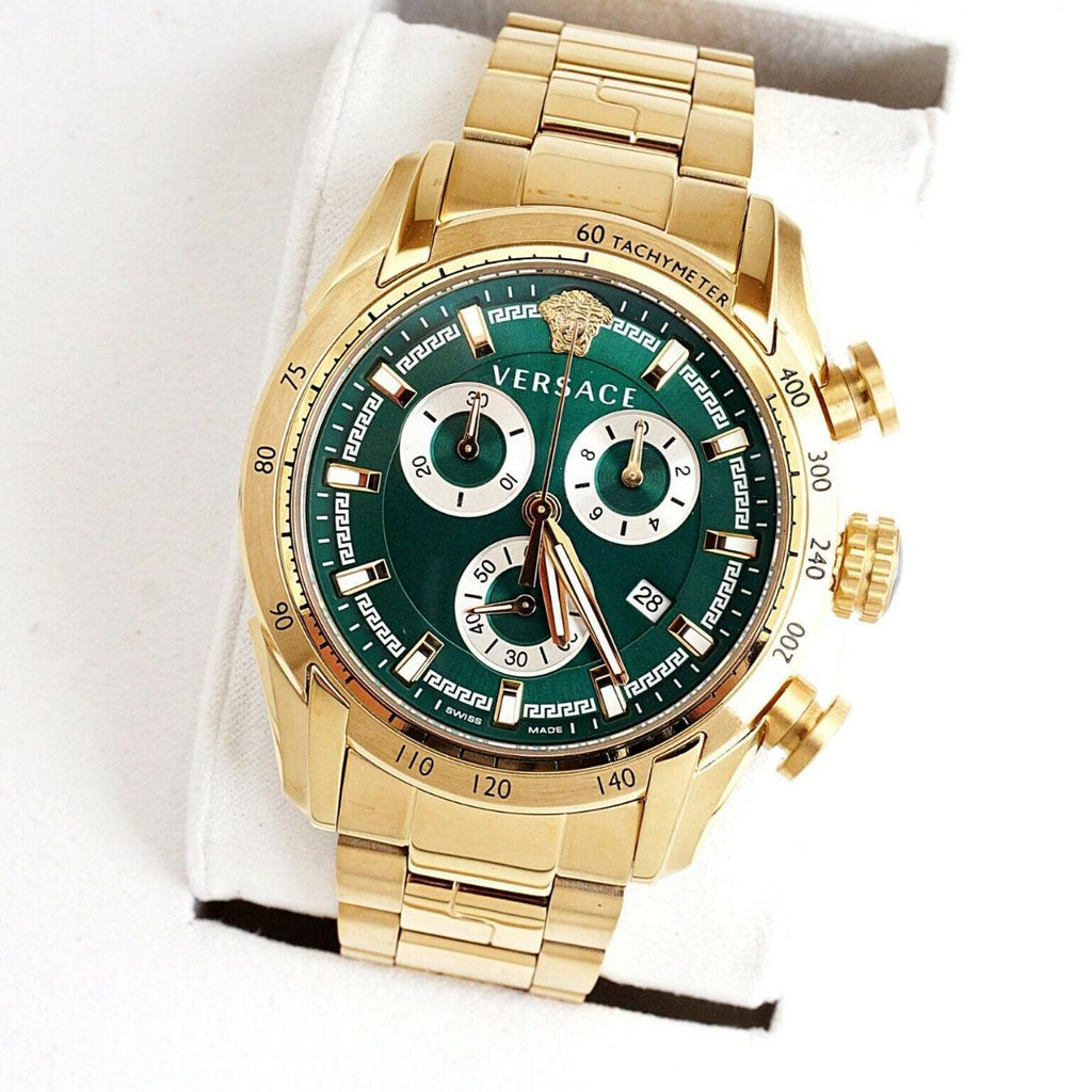 Versace V-Ray Chronograph Quartz Green Dial Gold Steel Strap Watch For Men - VE2I00621 Buy Now By Versace