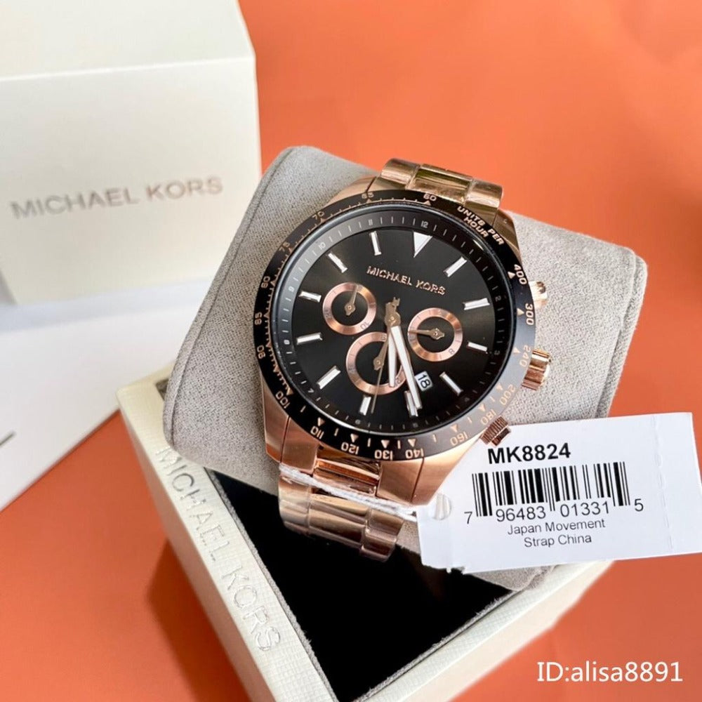 Michael Kors Layton Chronograph Black Dial Rose Gold Steel Strap Watch For Men - MK8824 Buy Now By Michael Kors