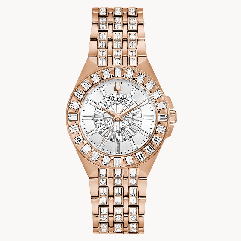 Bulova Phantom White Dial with Swarovski Baguettes Rose Gold Steel Strap Watch for Women - 98L268 Buy Now By Bulova