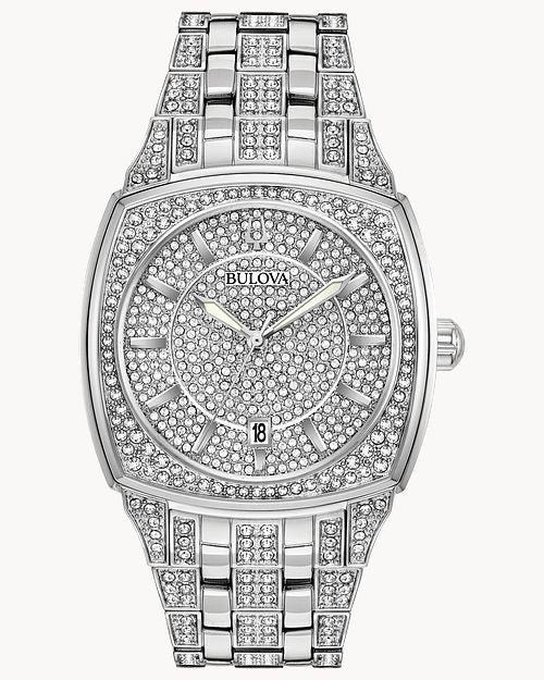 Bulova Phantom Swarovski Crystal Pave Silver Dial Silver Steel Strap Watch for Men - 98B296 Buy Now By Bulova