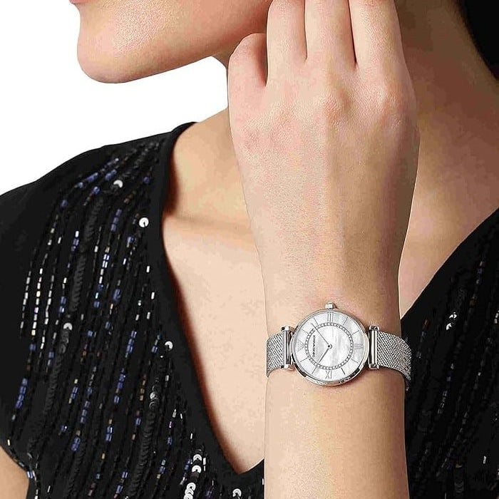 Emporio Armani Gianni T-Bar Quartz Mother of Pearl Dial Silver Mesh Bracelet Watch For Women - AR11319 Buy Now By Emporio Armani
