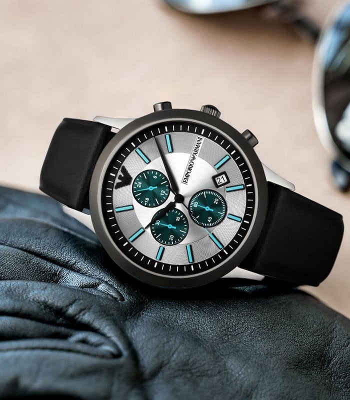 Emporio Armani Renato Chronograph Silver Dial Black Leather Strap Watch for Men - AR11473 Buy Now By Emporio Armani