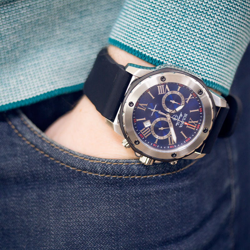 Bulova Marine Star Chronograph Black Dial Black Rubber Strap Watch for Men - 98B127 Buy Now By Bulova