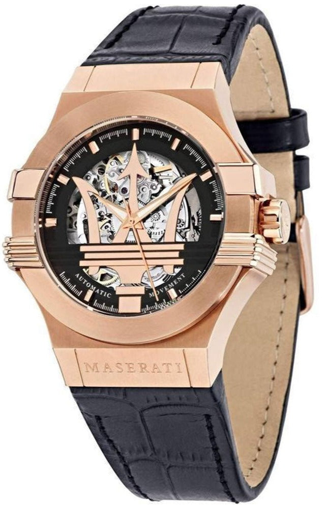 Maserati Potenza Automatic Rose Gold Dial Black Leather Strap Watch For Men - R8821108002 Buy Now By Maserati