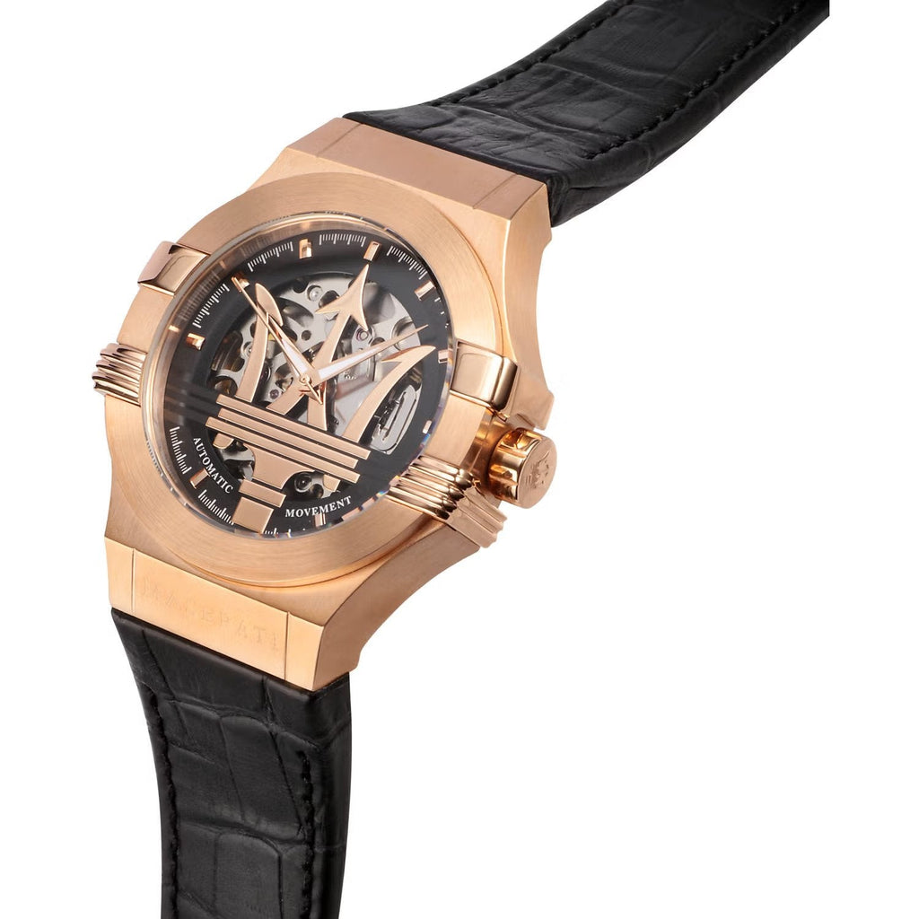 Maserati Potenza Automatic Rose Gold Dial Black Leather Strap Watch For Men - R8821108002 Buy Now By Maserati